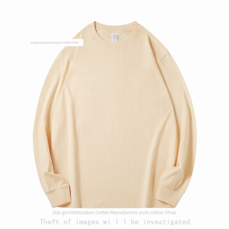 Cotton 300g heavy pure cotton long-sleeved t-shirt for men and women, pure white loose top with thick undershirt - Image 3