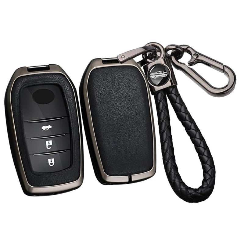 SANRILY PU LeatherZinc Alloy 3456 Button Key Fob Cover Fit for Toyota Land Cruiser 2023 2022 Venza RAV4 Prime Hilux Fortuner Tundra Corolla Sequoia Keyless Key Holder with Keychain Black