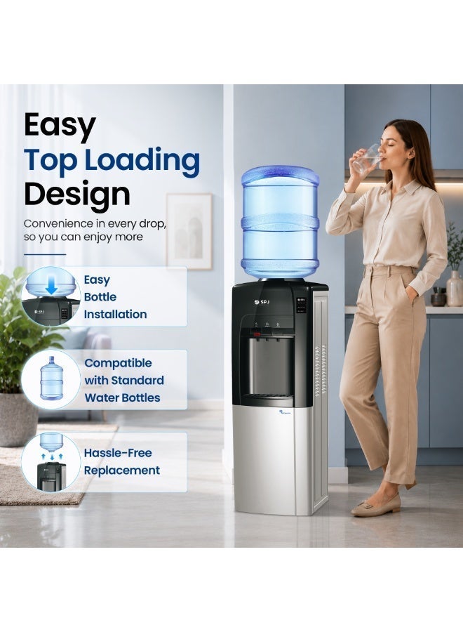 SPJ 16L Top Load Water Dispenser with Refrigerator Cabinet, Hot Cold and Normal Water, 3 Taps, Child Safety Lock, Black and Silver - Image 5