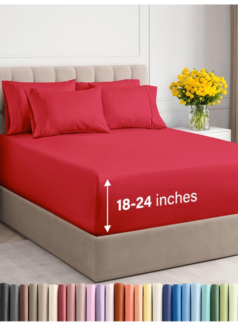 Extra Deep Cal King Sheet Set  6 Piece Breathable  Cooling Sheets  Hotel Luxury Bedding Set with 1824 Inch Extra Deep Pockets  Easy Fit  Super Soft Wrinkle Free and Comfy  Red Cal King Size