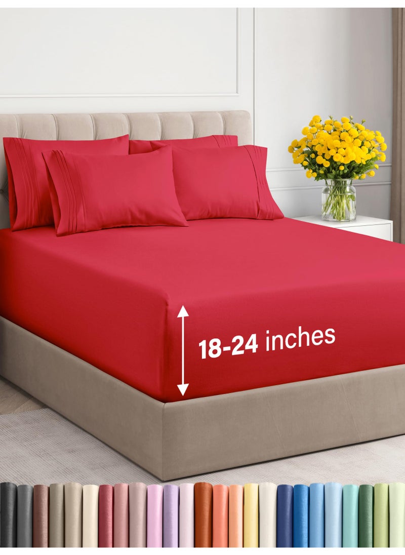 Extra Deep Cal King Sheet Set  6 Piece Breathable  Cooling Sheets  Hotel Luxury Bedding Set with 1824 Inch Extra Deep Pockets  Easy Fit  Super Soft Wrinkle Free and Comfy  Red Cal King Size