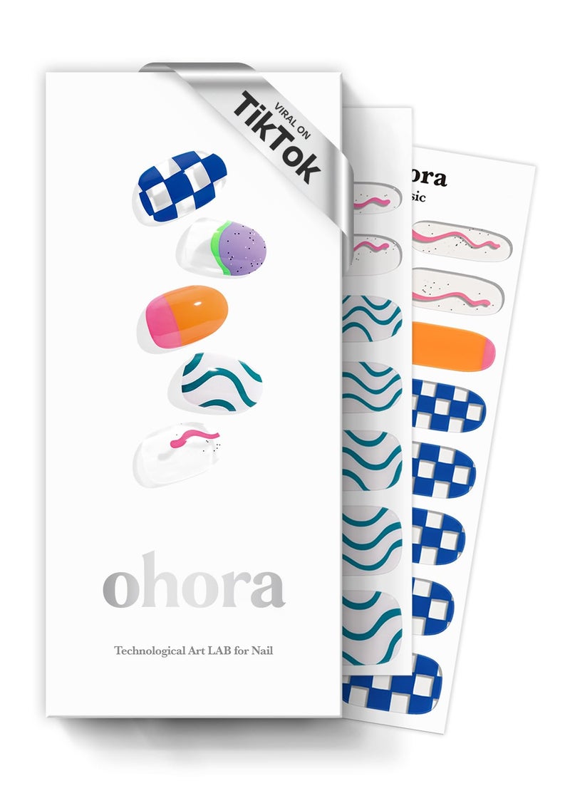 ohora Semi Cured Gel Nail Strips (N Snatched) - Blue, Patterned, Works with Any UV/LED Lamps, Salon-Quality, Long Lasting, Easy to Apply & Remove - Includes 2 Prep Pads, Nail File & Wooden Stick - Image 1