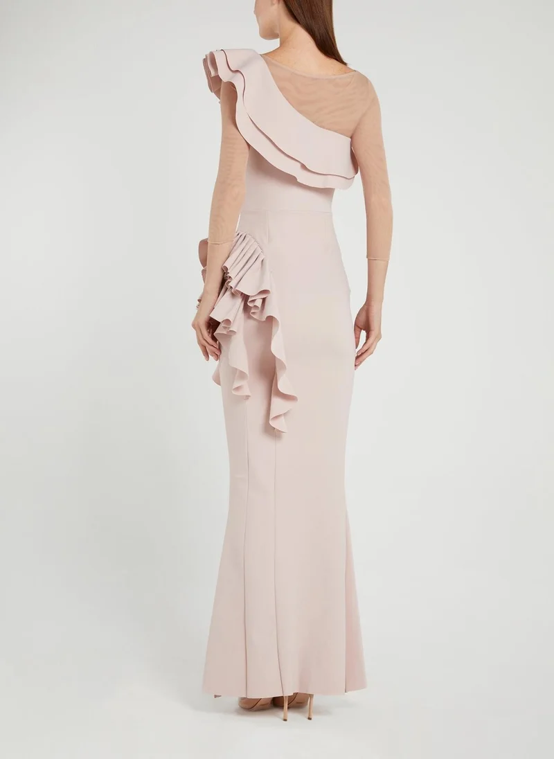 Chiara boni Maria Chiara Illusion Beige Ruffle Maxi Dress