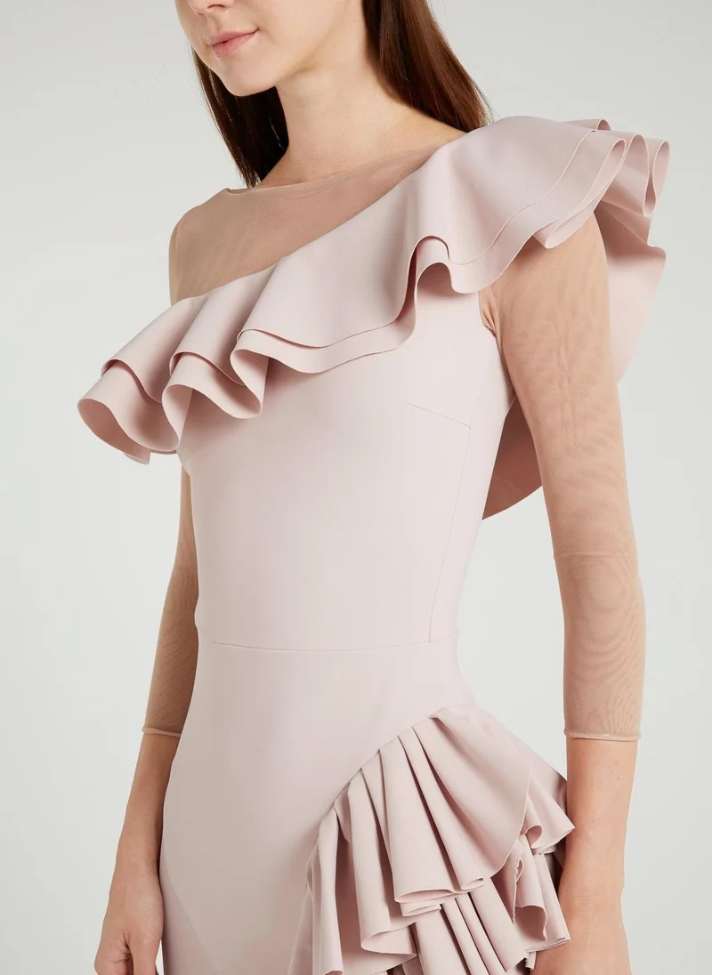 Chiara boni Maria Chiara Illusion Beige Ruffle Maxi Dress