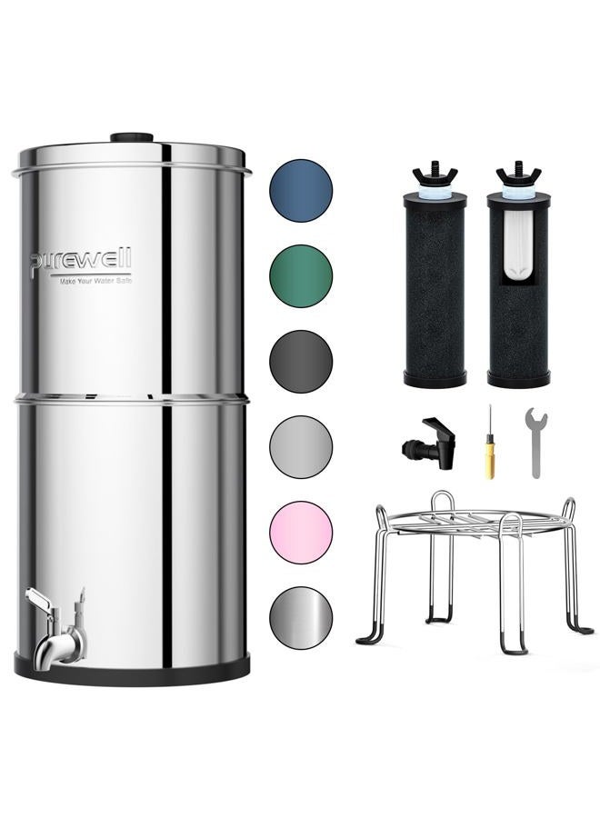 Purewell 2.25 Gallon Stainless Steel Gravity Water Filter System with 2 Black Purification Elements, Countertop Filtration System for Home and Outdoor Use - Image 1