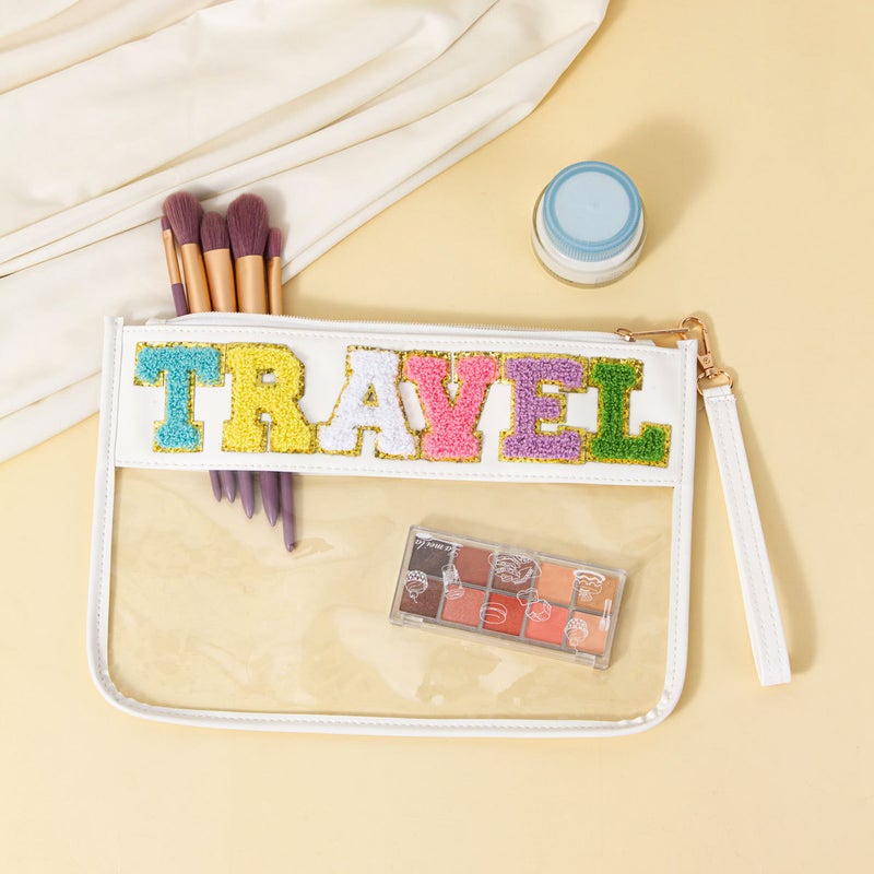 Cross-border Exclusive Explosive Towel Embroidered Letter Transparent PVC Cosmetic Bag PU Portable Storage Bag Sniffer Bag Envelope Bag White (TRAVEL)