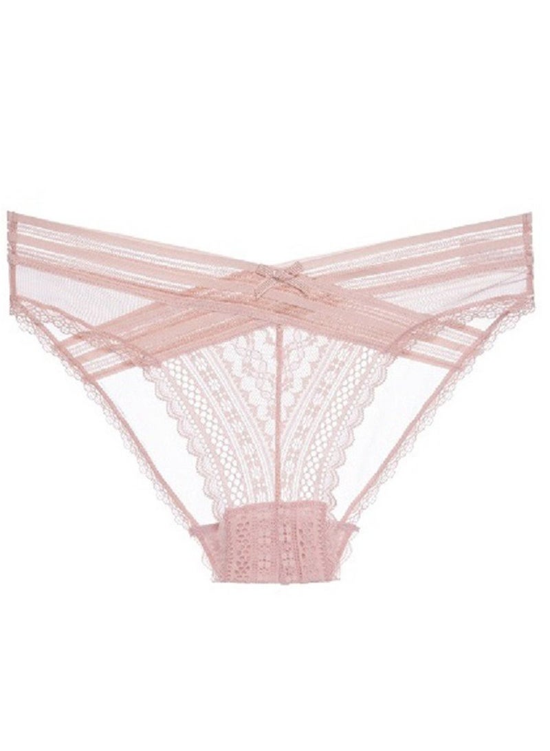 Loquat Lady's Solid Color Lace Panty Women's Mid-Waisted Briefs Pink 