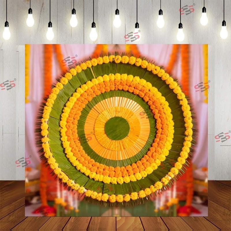 S2S قماش خلفية زهور دائرية لتزيين البوجا التقليدي، قماش تزيين خلفية | قماش ستارة للمهرجانات والفعاليات والمناسبات - (5 × 5 قدم) (زهور دائرية) - Image 1