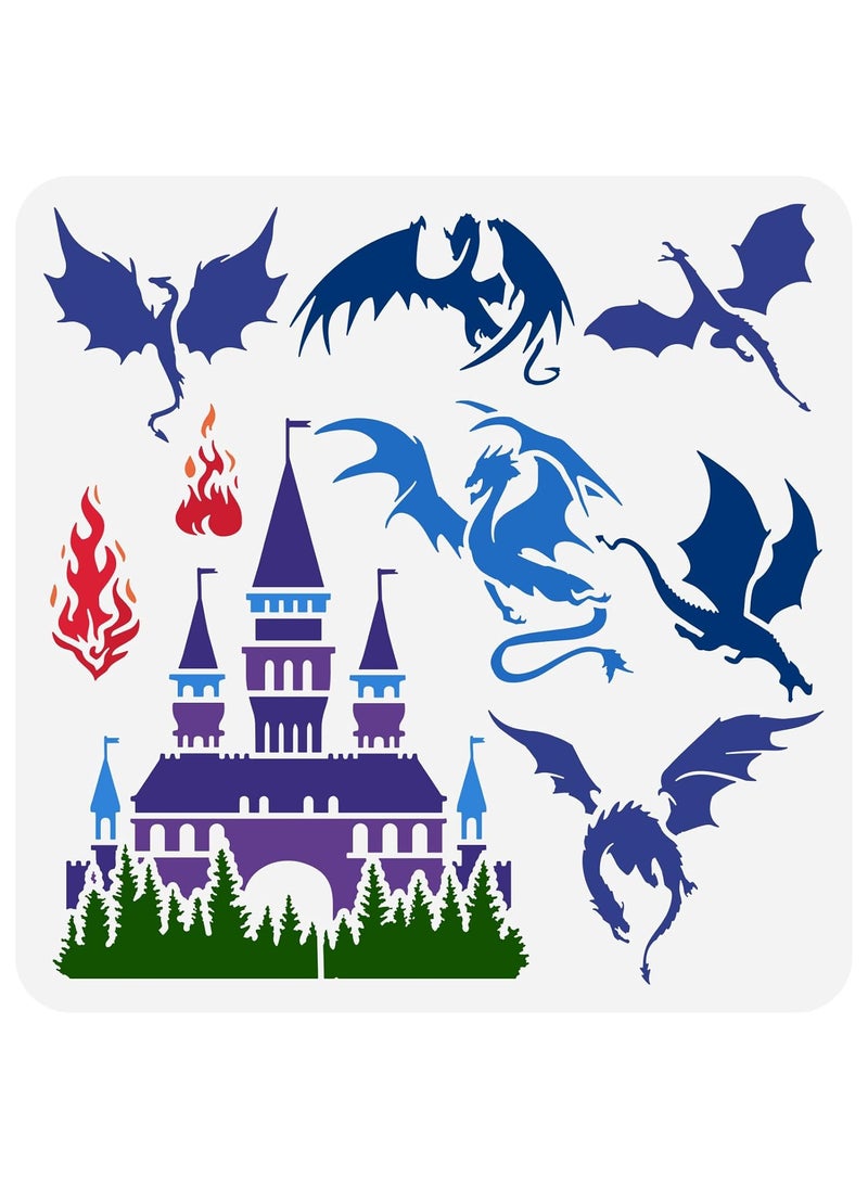 FINGERINSPIRE FINGERINSPIRE Dragons Stencil 11.8x11.8 inch Castle Painting Stencil Plastic Western Dragon Fire Castle Patterns Stencil Template Reusable DIY Art and Craft Pterosaur Stencil for Home Wall Decor  - Image 1
