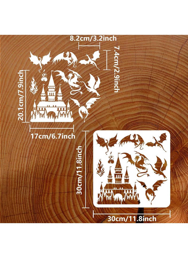 FINGERINSPIRE FINGERINSPIRE Dragons Stencil 11.8x11.8 inch Castle Painting Stencil Plastic Western Dragon Fire Castle Patterns Stencil Template Reusable DIY Art and Craft Pterosaur Stencil for Home Wall Decor  - Image 2
