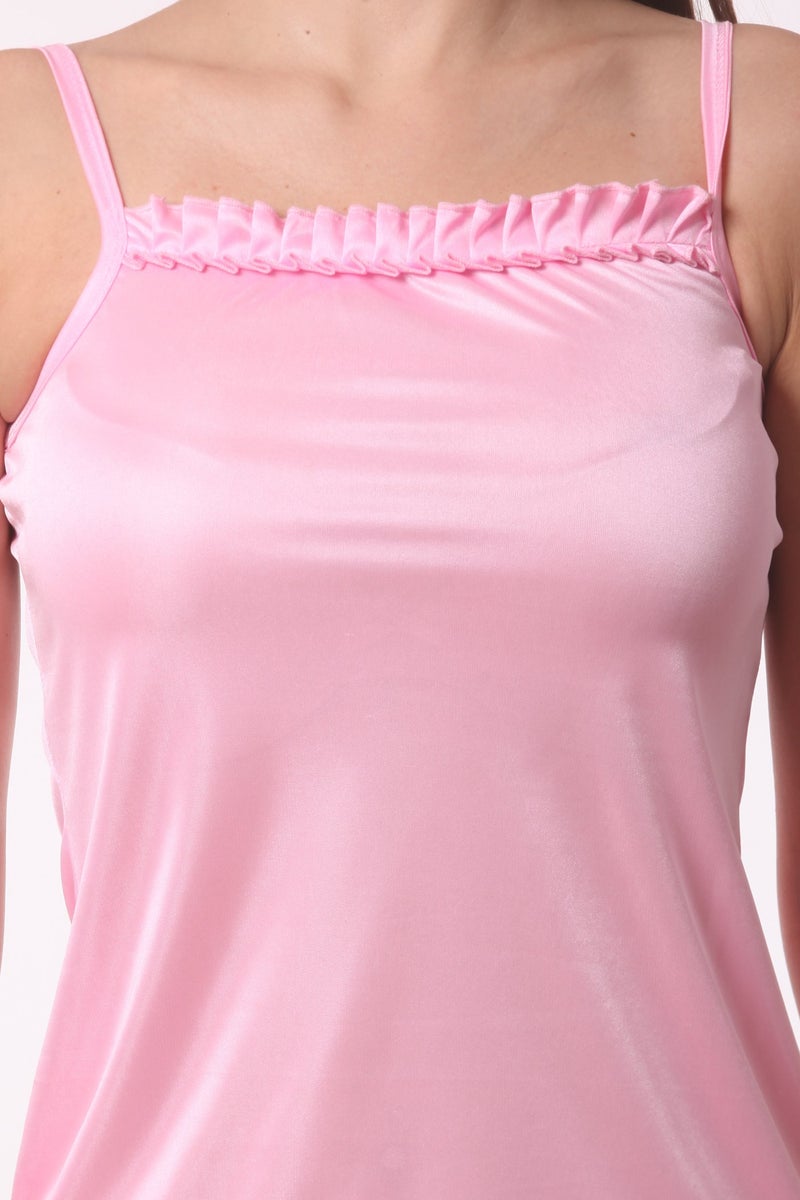 Ananqe Women's Satin Nightwear Set with Frill Accents - Top and Shorts (Available in XS-6XL and 12 Colors) Baby Pink - Image 4