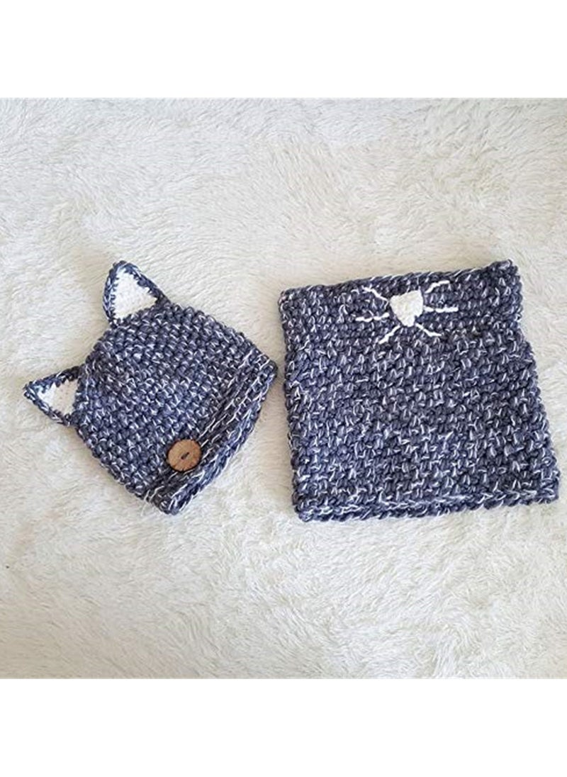 Generic Unisex Cute Winter Warm Knit Beanie Cap and Scarf Set for for Baby Kids 2-6 Years, Dark Blue  - Image 2