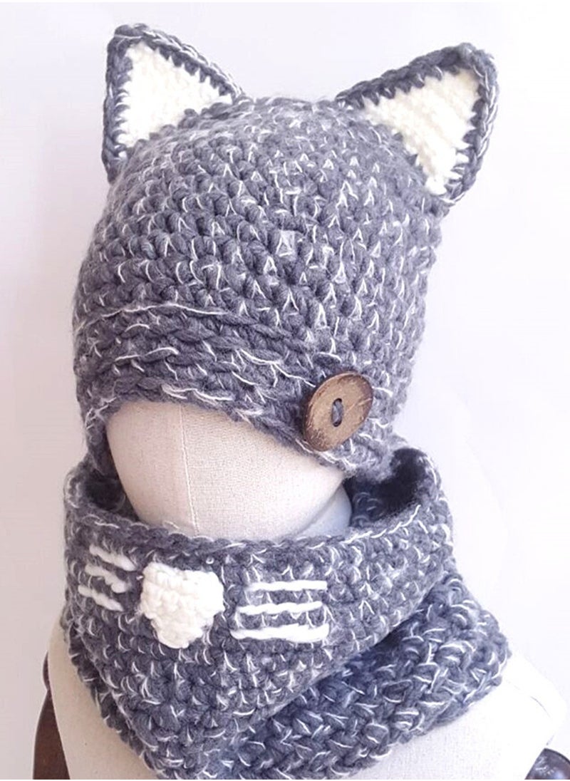 Generic Unisex Cute Winter Warm Knit Beanie Cap and Scarf Set for for Baby Kids 2-6 Years, Dark Blue  - Image 5