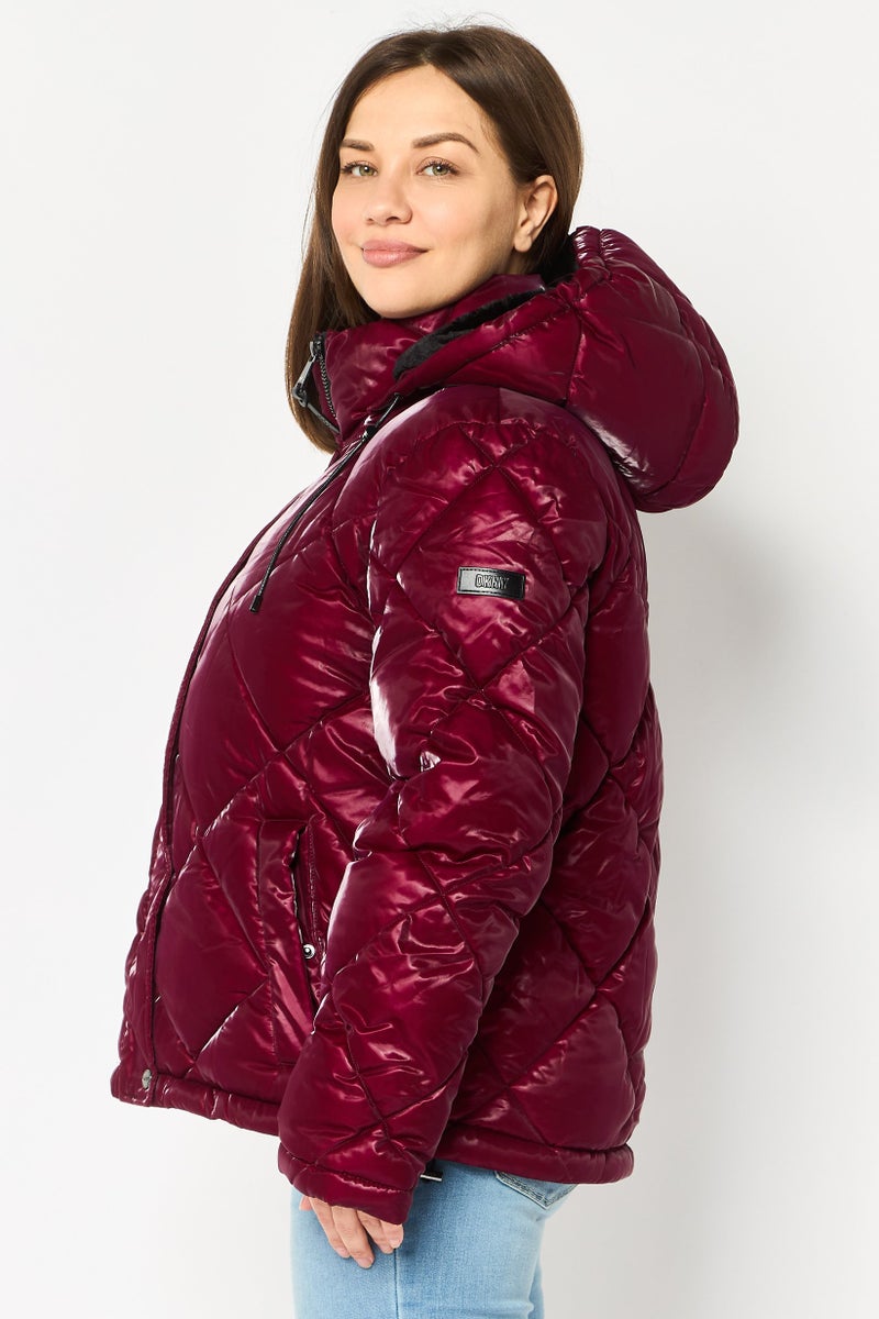 DKNY Women Quilted Puffer Jacket, Plum - Image 4