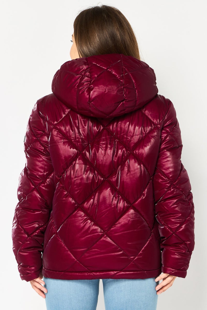 DKNY Women Quilted Puffer Jacket, Plum - Image 3