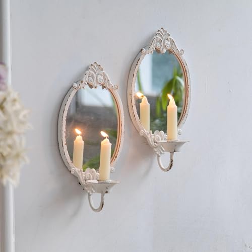 SOFE Rustic White Mirrored Wall Candle Sconces Set of Two, Metal Vintage Wall Candle Holder, Handmade Taper Candle Sconce, Candle Stick Walls Sconce for Living Room, Farm House Home Decor - Image 1