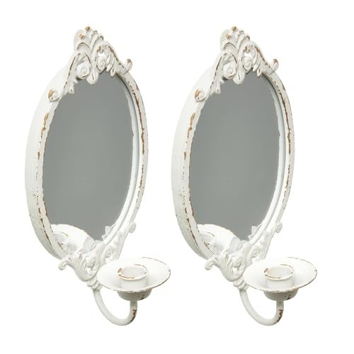 SOFE Rustic White Mirrored Wall Candle Sconces Set of Two, Metal Vintage Wall Candle Holder, Handmade Taper Candle Sconce, Candle Stick Walls Sconce for Living Room, Farm House Home Decor - Image 2