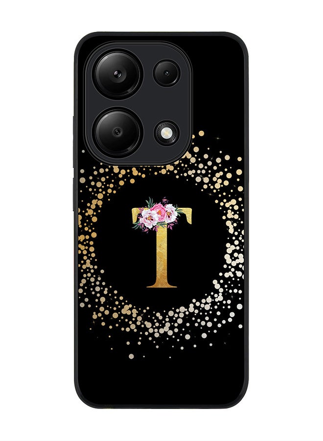 Stylizedd جراب متين لهاتف Xiaomi Redmi Note 13 Pro 4G / Xiaomi Poco M6 Pro 4G - حرف أولي أحادي مخصص بنمط زهور أبجدي - T (أسود) - Image 1