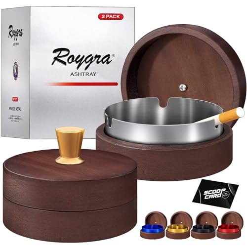 roygra Wooden Ash Tray with Lid (2 Pack), Outdoor Ashtray for Outside Patio, Smokeless Ashtrays for Cigarettes with 3 Holder, Smoking Accessories, Home Décor, Ashtrays for Smokers Indoor - Silver - Image 1