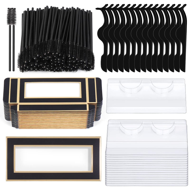 MAGEFY 175 Pieces Lash Packaging Wholesale, Include 30 Empty Eyelashes Packaging Box, 30 False Lash Trays, 15 Eyelash Tweezers and 100 Eyelash Brush Mascara Wands Disposable (Black) - Image 1