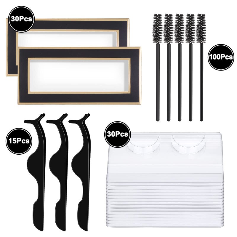MAGEFY 175 Pieces Lash Packaging Wholesale, Include 30 Empty Eyelashes Packaging Box, 30 False Lash Trays, 15 Eyelash Tweezers and 100 Eyelash Brush Mascara Wands Disposable (Black) - Image 2