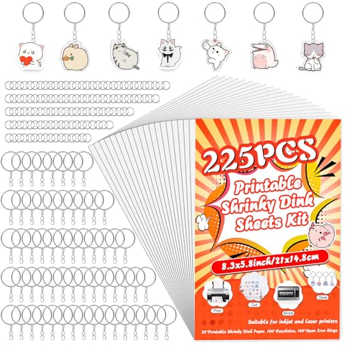 OFNMY 225PCS Printable Shrinky Dink Sheets Keychains Kit with 25 Printable Shrink Plastic Sheets and 200 Accessories for Inkjet Printer Kids DIY Crafts and Mothers Day Gifts Ornament 8.3x5.8in/21x14.8cm - Image 1