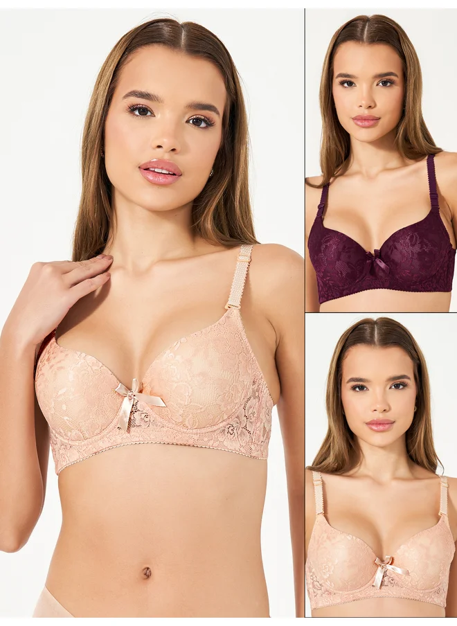 ستايلي Styli Pack of 2 - All Over Lace Bow Detail T-Shirt Bra