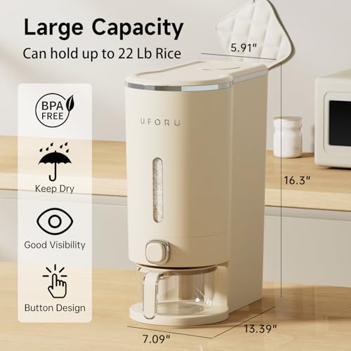UFORU Rice Dispenser 22 Lbs Rice Storage Container with Measuring Cup for Kitchen Pantry Household Cereal Dry Food Storage Containers Airtight Sealed Moisture Proof Cream White - Image 3