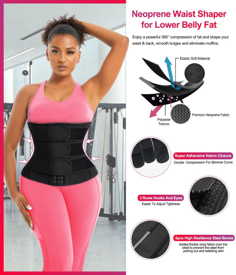 TrainingGirl Women Waist Trainer Cincher Corset Tummy Control Workout Sweat Band Slimmer Belly Belt Weight Loss Sports Girdle (3 Belt Black, Medium) - Image 4