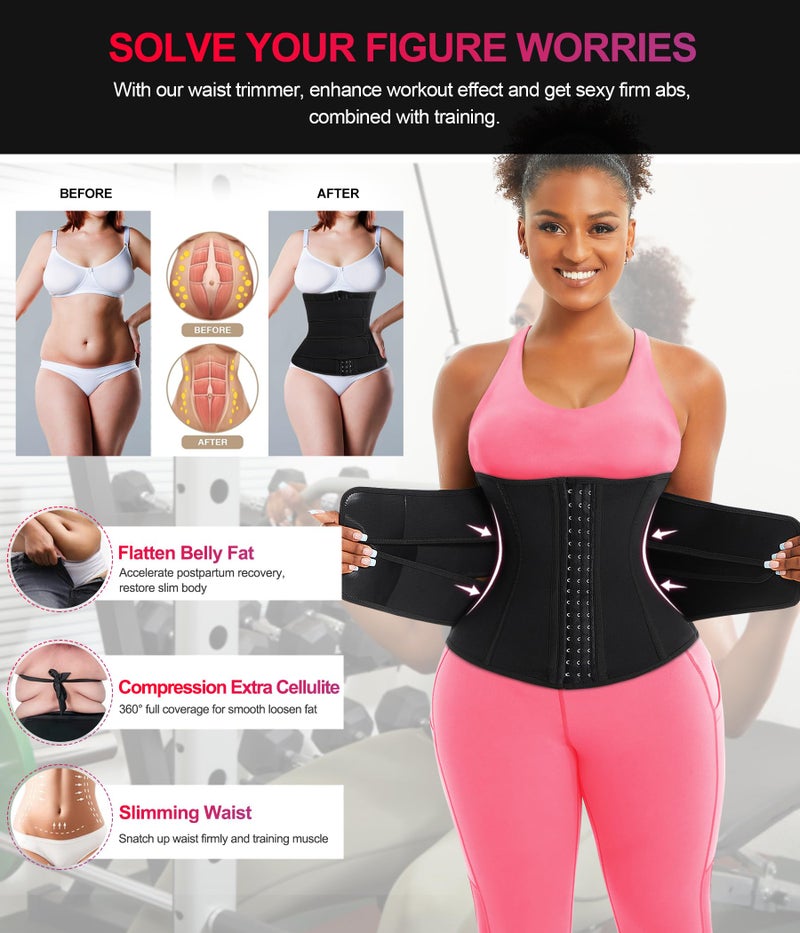 TrainingGirl Women Waist Trainer Cincher Corset Tummy Control Workout Sweat Band Slimmer Belly Belt Weight Loss Sports Girdle (3 Belt Black, Medium) - Image 3