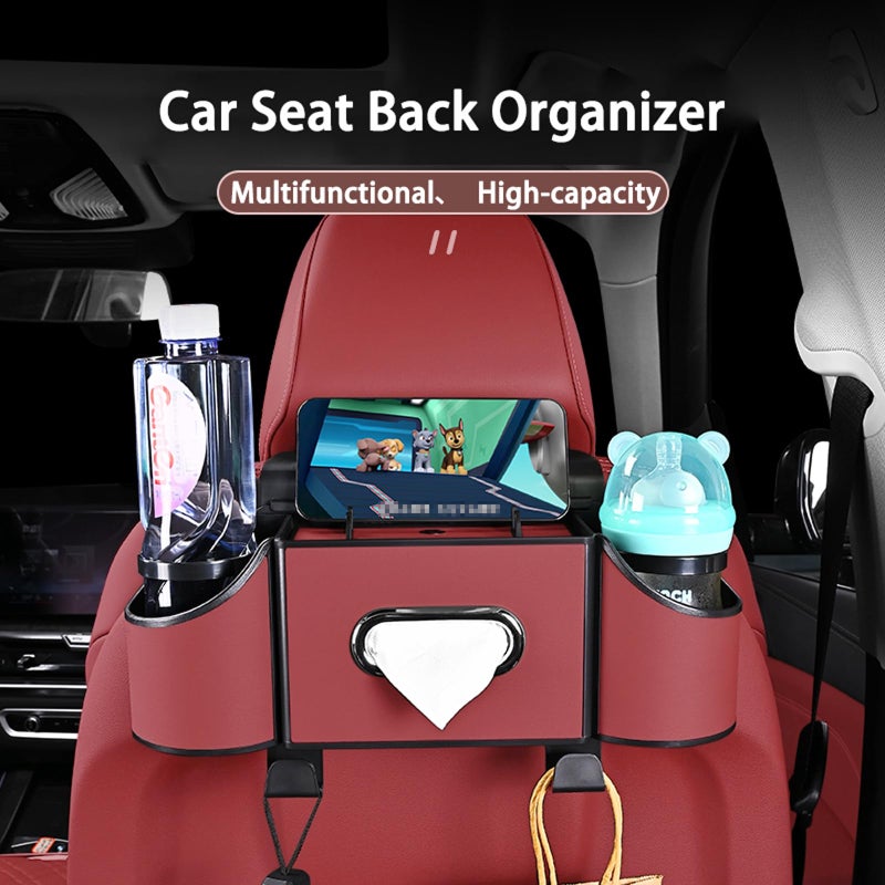 Joezhe Back Seat Car Organizer,4 in 1 Multifunctional Car Back Seat Storage Box with Drink Cup Holder Tissue Box, for Hold Phone,Snacks, Drinks, Handbag-Red - Image 3