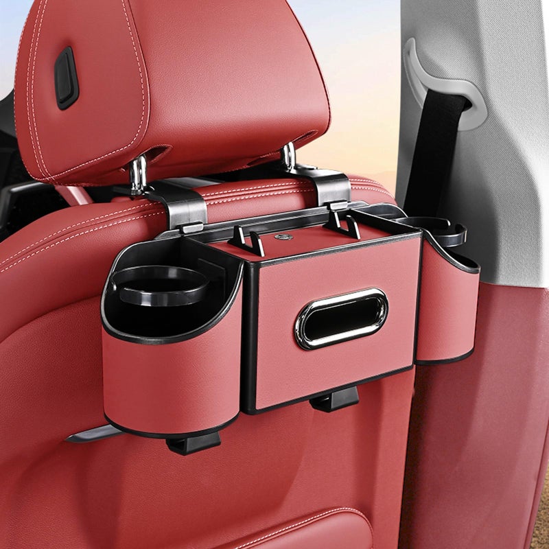 Joezhe Back Seat Car Organizer,4 in 1 Multifunctional Car Back Seat Storage Box with Drink Cup Holder Tissue Box, for Hold Phone,Snacks, Drinks, Handbag-Red - Image 1