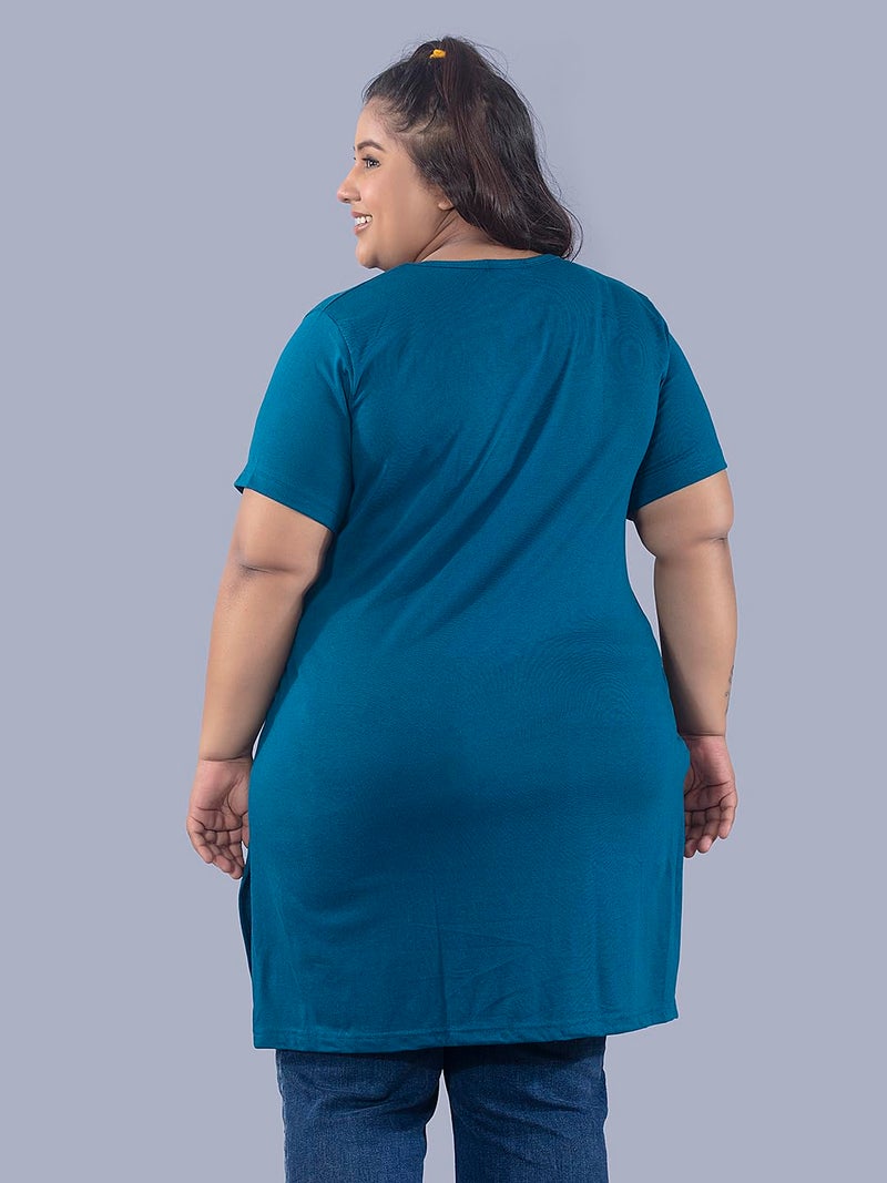 CUPID Women Cotton Regular Fit Plus Size Round Neck Half Sleeve T-Shirt, Night, Sleep, Daily Use Gym N Lounge Wear Long Tops_Teal Blue_3XL - Image 5
