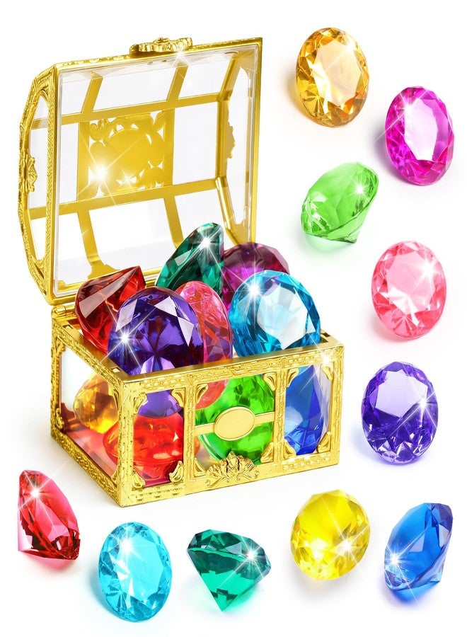 DISHIO Large Diving Gem Pool Toys with Golden Treasure Box, 10PCS Colorful Acrylic Diamonds Set for Summer Swimming Underwater Training, Pirate Party Favors, Bath Toys for Kids Gold - Image 1