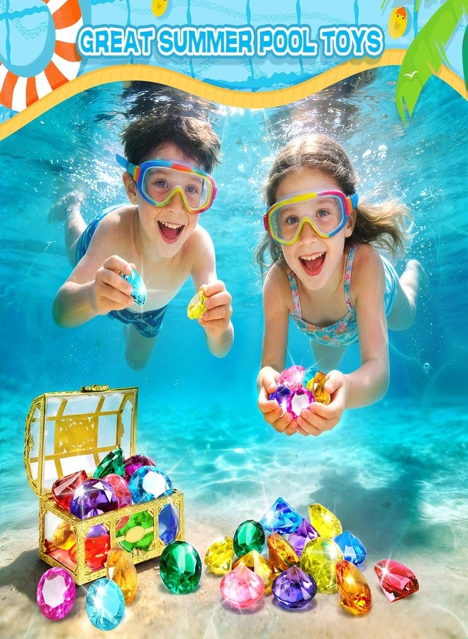 DISHIO Large Diving Gem Pool Toys with Golden Treasure Box, 10PCS Colorful Acrylic Diamonds Set for Summer Swimming Underwater Training, Pirate Party Favors, Bath Toys for Kids Gold - Image 2