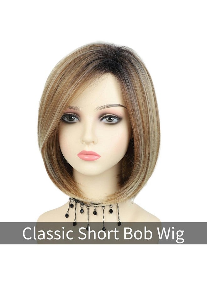 RENERSHOW Short Ombre Blonde Bob Wigs For Women 12 Inch Cute Straight Bob Wigs For Girls Mixed Blonde Highlight Synthetic Wig Pixie Cut Hair Replacement Wigs - Image 1