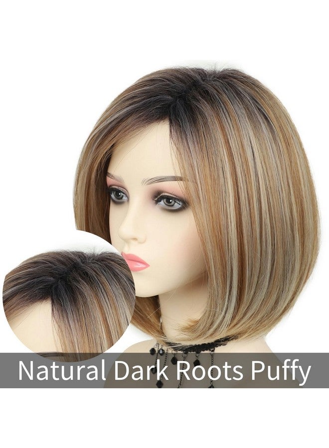 RENERSHOW Short Ombre Blonde Bob Wigs For Women 12 Inch Cute Straight Bob Wigs For Girls Mixed Blonde Highlight Synthetic Wig Pixie Cut Hair Replacement Wigs - Image 2