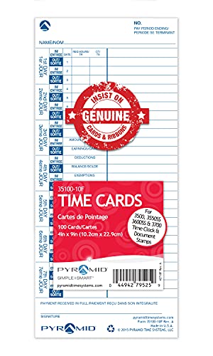 Pyramid Time Systems - Genuine and Authentic English & French Weekly Time Cards (35100-10F) for Pyramid Models 3500, 3500ss, 3600SS, 3700 and 3700ss Time Clock and Document Stamp - 100 Punch Cards - Image 1