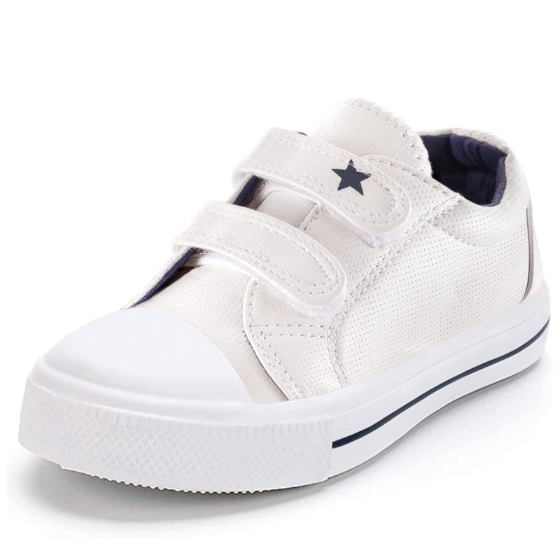 K KomForme Toddler Boys & Girls Shoes Kids Canvas Sneakers with Cartoon Dual Hook and Loops, Size 9 Toddler, White - Image 1