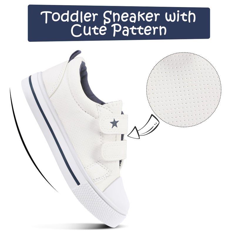 K KomForme Toddler Boys & Girls Shoes Kids Canvas Sneakers with Cartoon Dual Hook and Loops, Size 9 Toddler, White - Image 3