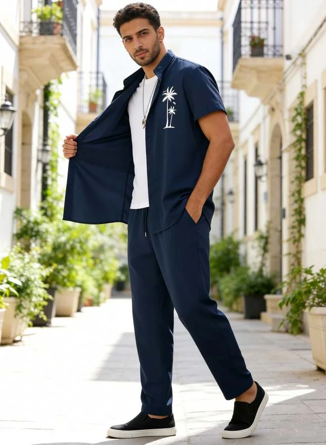 Take Two Navy Blue Palm Tree Print Shirt and Trousers Co-Ord Set