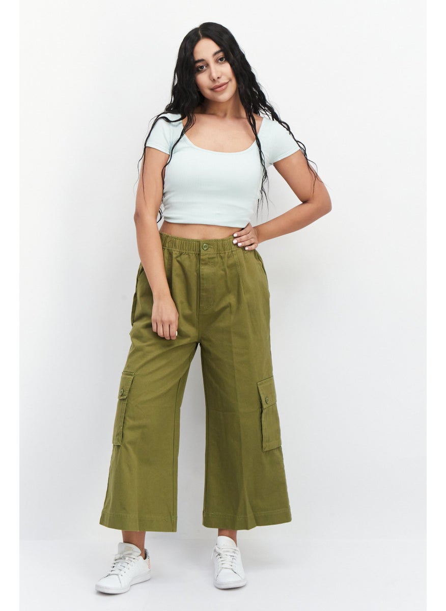OBEY Women Regular Fit Wide Leg Plain Cropped Pants, Olive  - Image 2