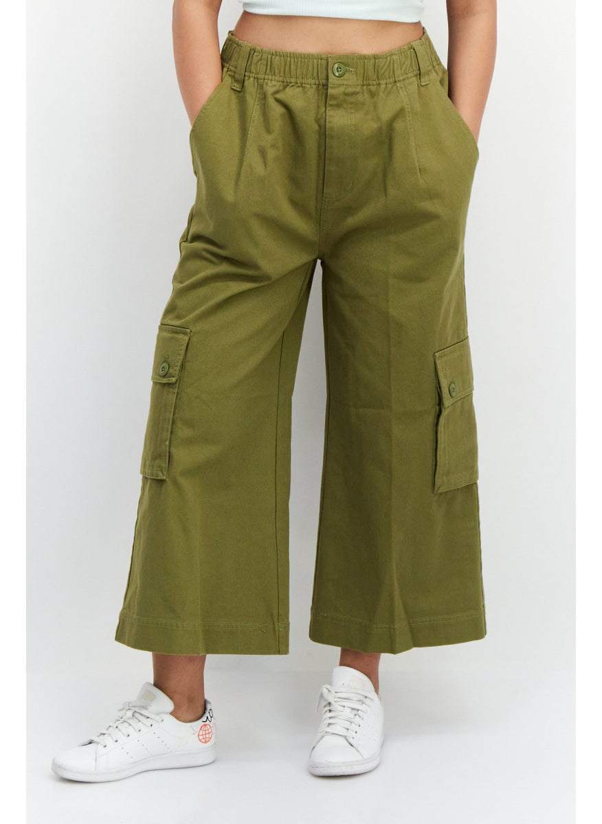 OBEY Women Regular Fit Wide Leg Plain Cropped Pants, Olive  - Image 1
