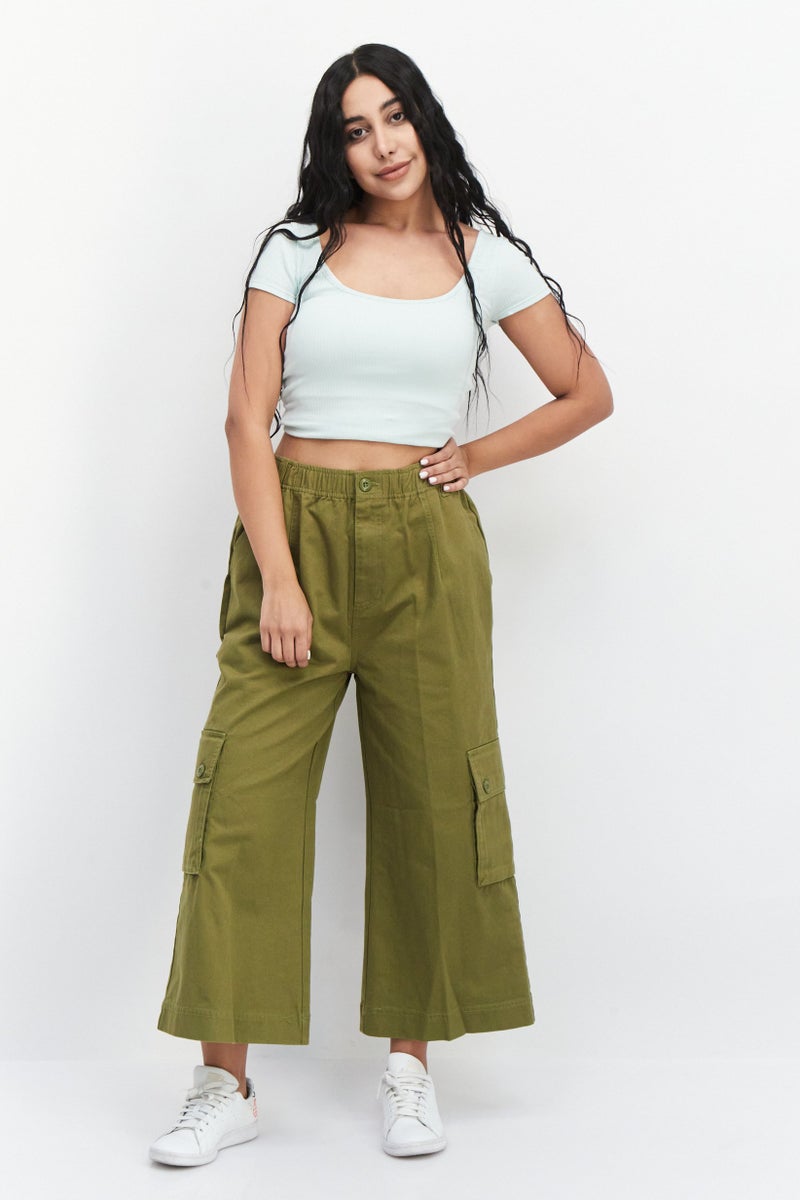 OBEY Women Regular Fit Wide Leg Plain Cropped Pants, Olive - Image 2