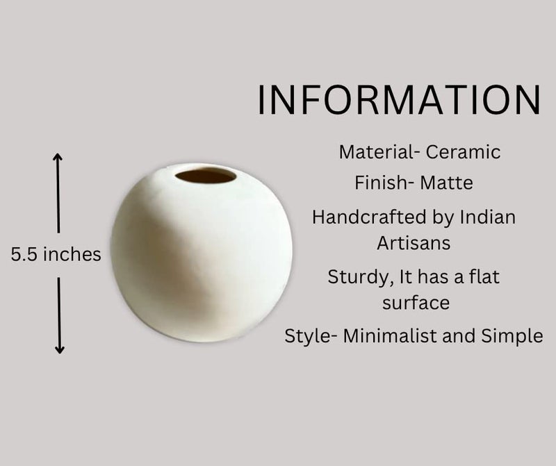Craftribal Ceramic Round Vase | White | Modern Vase | Home Decor Centrepiece | 5.5 inches - Image 3