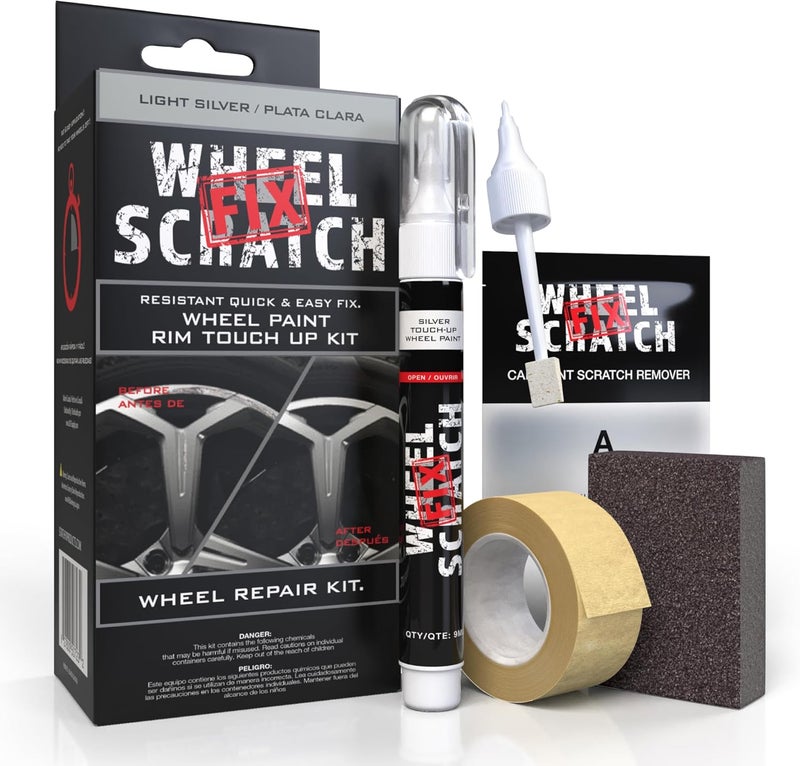 Wheel Scratch Fix ® Silver Touch Up Paint for Cars - DIY Alloy Wheel Repair Kit, Curb Rash Remover with Fast-Drying Pen - Long-Lasting OEM Finish Car Rim Paint for Scuffs and Chips at Home (Light Silver) - Image 1