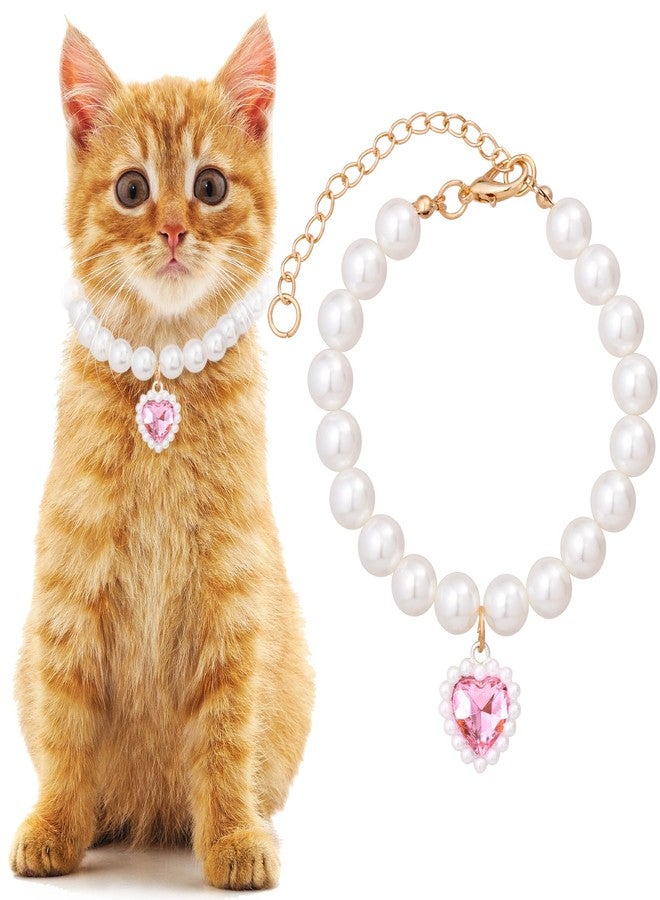 Mxxipp Cat Pearl Collar with Heart Pendant, Cute Pearl Pet Necklace in Medium, Adjustable Wedding Party Small Dog Jewelry Accessories for Puppy Kitten- Pink - Image 1