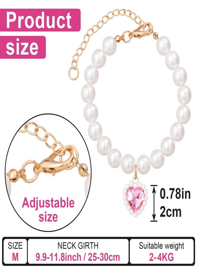 Mxxipp Cat Pearl Collar with Heart Pendant, Cute Pearl Pet Necklace in Medium, Adjustable Wedding Party Small Dog Jewelry Accessories for Puppy Kitten- Pink - Image 2