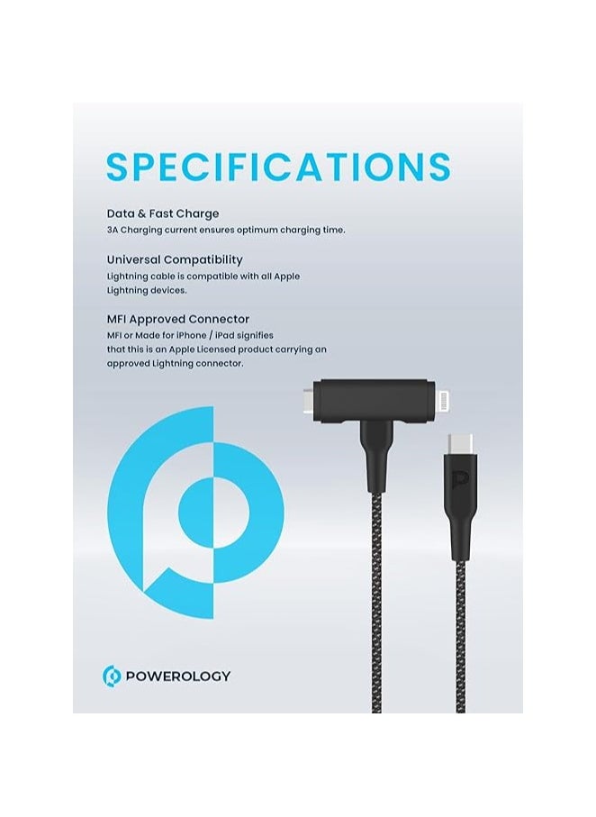 Powerology - Powerology 60WPD Braided USB-C to USB-C + Lightning Data & Fast Charge 1.2m/4ft - Black - Image 1