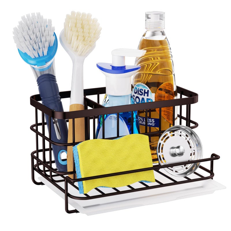 HapiRm Multifunctional Kitchen Sink Caddy with Removable Drain Tray Quick Draining Rustproof Sink Organizer Stainless Steel Kitchen Sponge Holder for Sponge Cleaning Towel and ScrubberBronze